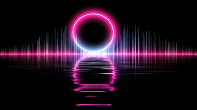Abstract neon pink circle and glowing equalizer bars reflecting on dark water