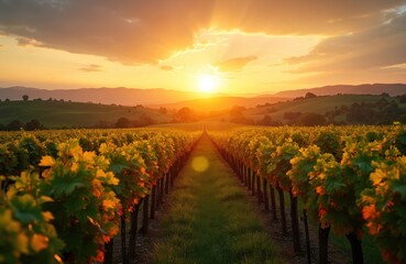 Fototapeta premium Rows of grapevines glow under vibrant golden sunset. Green leaves cover vineyard, extending far into rural landscape. Distant rolling hills, mountains blend with vibrant sky colors. Peaceful