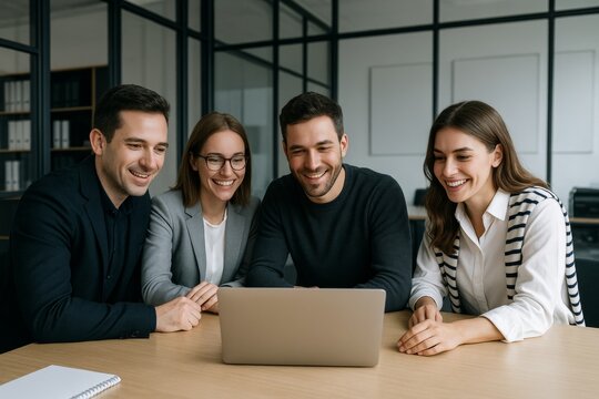 Group of professionals smiling and watching a laptop screen during a collaborative meeting in a contemporary office environment. Ai generative. Ai generative - Powered by Adobe
