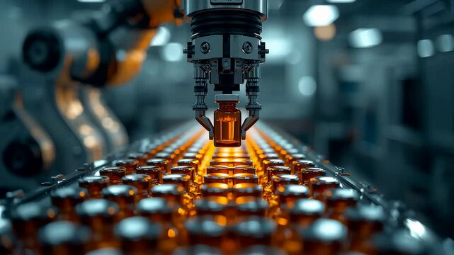 Robotic Arm Precisely Placing Glowing Golden Capsule into Production Line at Night