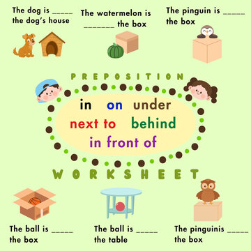 Engaging English grammar worksheet for children fun visual learning activity introducing prepositions of place such as in, on, and under with charming illustrations