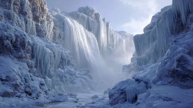 Frozen waterfall cascading down the rocky cliffs covered in snow and ice in iceland during winter season