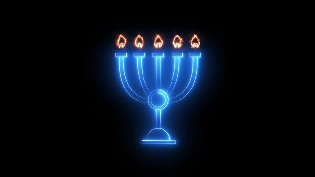 glowing neon Hanukkah menorah icon isolated on black background. Hanukkah icon traditional symbol. Happy Hanukkah - Hanukkah burning icon animation. Holiday concept.