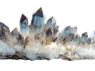 Quartz crystals clustered, earthy tones, black backdrop