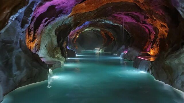 A calm lazy river illuminated by colorful cinematic lighting