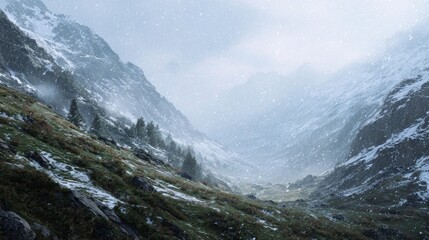 Snow falls gently on the rugged mountain valley, creating a serene winter wonderland with a touch of mystery