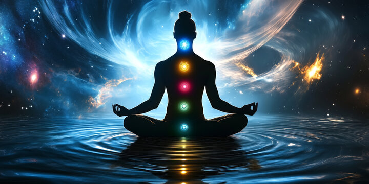Woman meditating in lotus position with seven chakras in space - Powered by Adobe