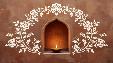 medieval stone church wall with arched windows and an old doorway illuminated by soft candlelight