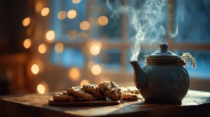 A cozy scene featuring a teapot with steam rising, accompanied by cookies, set against a backdrop of bokeh lights