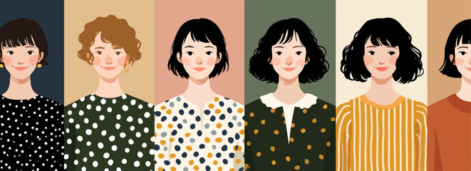 Kolekcja wektorowych portret&oacute;w młodych kobiet o r&oacute;żnorodnych fryzurach i wzorzystych ubraniach, symbolizująca indywidualność oraz nowoczesny styl.