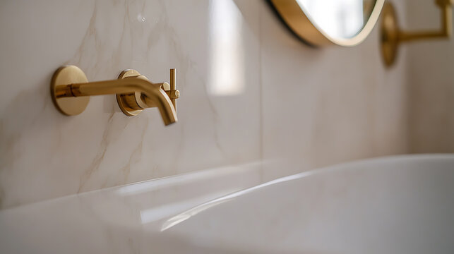 Close-up on a sleek bathroom with a gold faucet mounted on a marbled tile wall above a modern white bathtub, showcasing minimalist design & serene bathing experience.