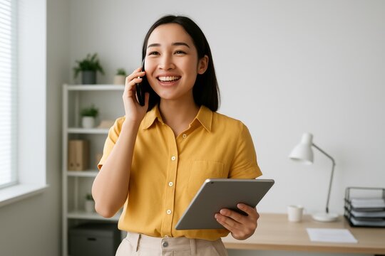 Smiling businesswoman talking on smartphone while holding digital tablet in bright modern office setting, workplace communication concept. Ai generative - Powered by Adobe