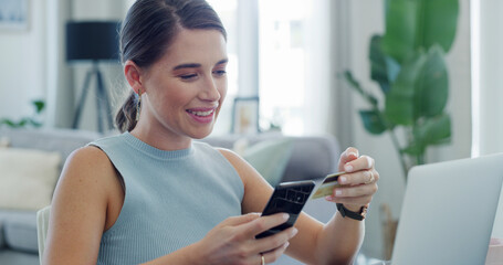 Phone, credit card and happy woman in home for payment, online shopping or virtual banking. Mobile,...