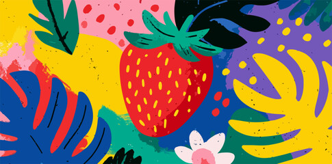 Colorful illustration of a vibrant strawberry surrounded by tropical leaves and flowers, perfect for summer designs and creative projects.