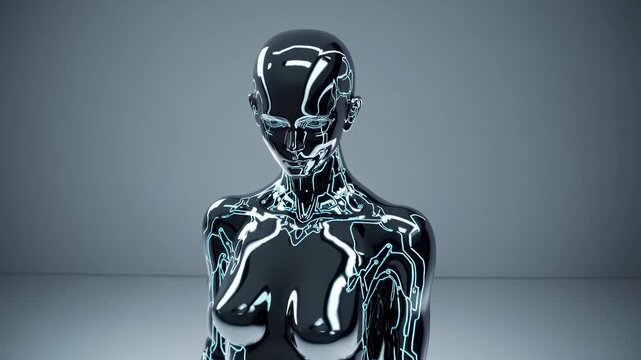 robot android cyborg face closeup glowing with circuit technology. robot look intense, eyes filled neon circuit glow. advanced cyborg portrait with glowing circuit lines shows robot futuristic style