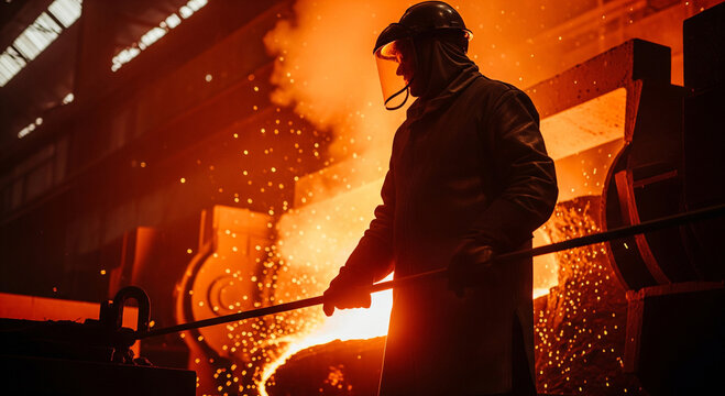 Worker tending to molten metal in a high-temperature industrial foundry