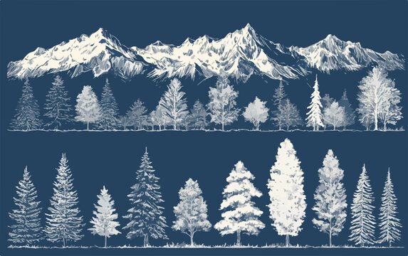 Wektorowa ilustracja przedstawiająca g&oacute;rski krajobraz z drzewami, idealna do projekt&oacute;w związanych z naturą i przygodą, z subtelnym, artystycznym stylem.