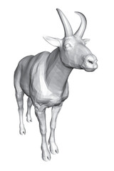 Polygonal mountain goat with horns stands on a white background. The geometric animal is composed of various shades of grey and white for a unique, eye-catching look.