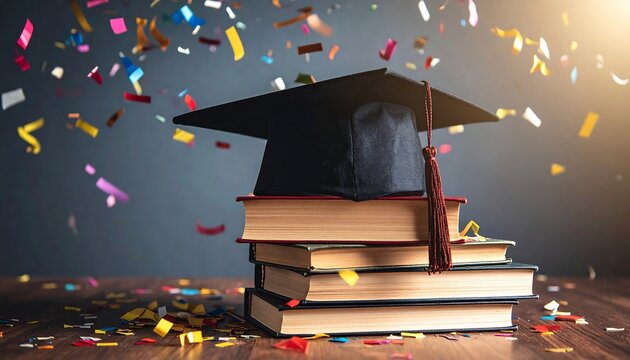A graduation cap sits atop stacked books, with celebratory confetti raining down. The scene is warmly lit with a dark blue backdrop - Powered by Adobe