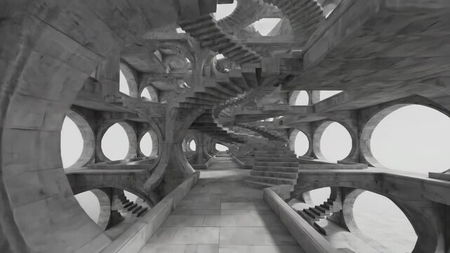 Infinite concrete stairway moving through an impossible architectural structure with circular openings. Surreal dreamscape of impossible geometry and optical illusion.