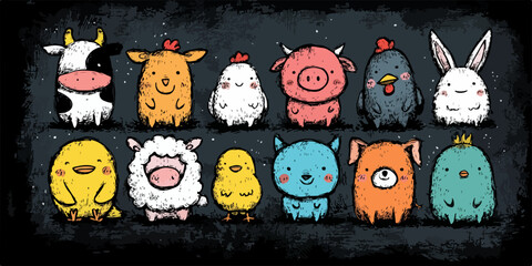 Urocze, stylizowane zwierzęta gospodarskie i domowe, rysowane w stylu wektorowym, idealne do dziecięcych projektów.