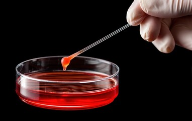 Macro Shot of a Technician's Hand in Sterile Gloves Handling a Petri Dish with Red Solution against a Black Background