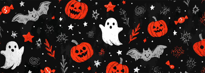 Wesołe dynie, straszne duchy i nietoperze na czarnym tle tworzą radosny wz&oacute;r na Halloween.