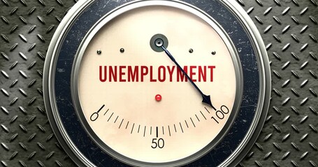 Unemployment  meter that is hitting a full scale, showing rising levels of unemployment, overload of it, too much of it. Maximum value, off the charts.