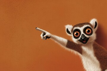 Obraz premium Lemur smiling, pointing finger to the side. Space for text. Solid color background. Cartoon look.