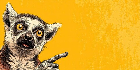 Obraz premium Lemur smiling, pointing finger to the side. Space for text. Solid color background. Cartoon look.