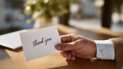 Hand writing a “thank you” note on a wooden desk with warm sunlight streaming through a nearby window — concept of gratitude, mindfulness, personal connection, and reflective lifestyle imagery.