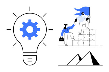 Light bulb with gear, two people climbing puzzle steps holding flag, pyramids. Ideal for teamwork, leadership, innovation, goal-setting, problem-solving mentorship success. Simple flat metaphor