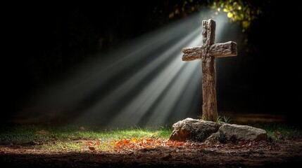 Wooden Christian Cross with Divine Light Rays in Forest - Religious Symbol Art