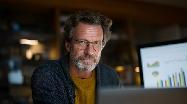 Confident older man reviewing analytics on dual screens while managing his online store from a cozy home setup, emphasizing tech-savvy seniors, online marketing for mature entrepreneurs, and