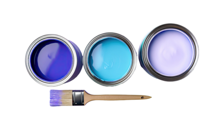 Three paint cans and brush, various colors on black