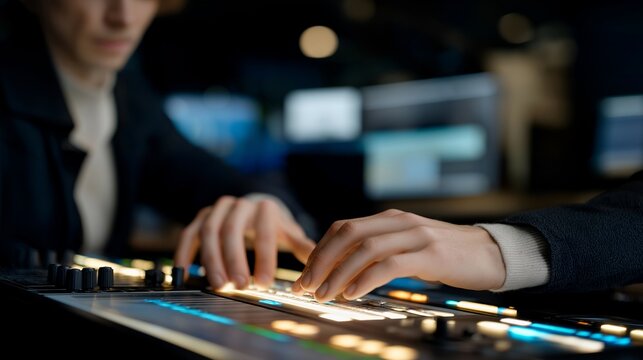 Close-up of hands manipulating holographic sliders and track layers on virtual mixing console, highlighting digital music composition, modern studio workflow, and augmented reality in music