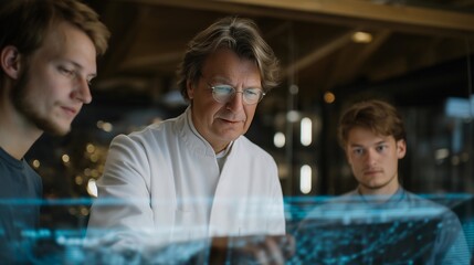 Senior scientist in lab coat explaining digital data models to younger engineers using holographic display, symbolizing intergenerational collaboration, scientific mentorship, and knowledge