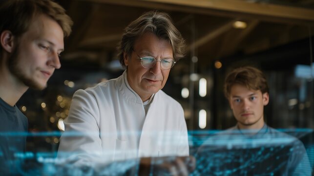 Senior scientist in lab coat explaining digital data models to younger engineers using holographic display, symbolizing intergenerational collaboration, scientific mentorship, and knowledge