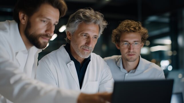 Senior scientist in lab coat explaining digital data models to younger engineers using holographic display, symbolizing intergenerational collaboration, scientific mentorship, and knowledge