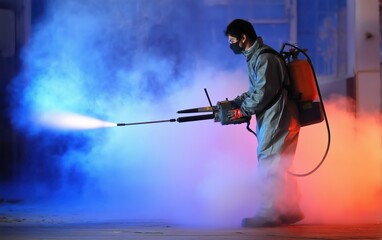 Dynamic Panning Shot of a Technician Applying Disinfectant in a Foggy Environment with Blue and Orange Hues Demonstrating Pest Control