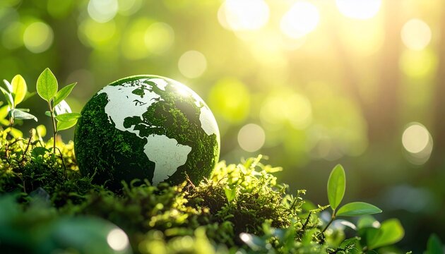 Earth's green globe nestled in verdant moss, symbolizing sustainability and nature's embrace