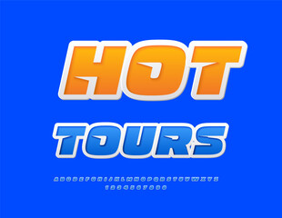 Vector Marketing flyer Hot Tours. Trendy Blue Sticker Font. Dynamic Alphabet Letters and Numbers set.