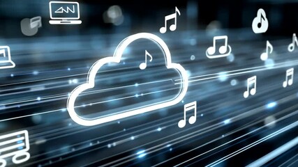 Cloud storage icon with music notes and device icons on blue abstract background - Powered by Adobe