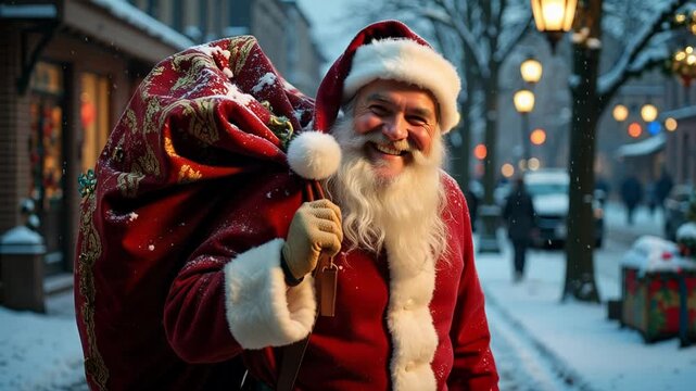 Santa Claus winking with a warm smile, spreading Christmas joy through snowy streets, a nostalgic holiday moment in 4K video footage