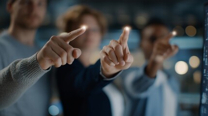 Close-up of team members pointing at holographic visualizations of consumer behavior metrics, highlighting trends and engagement opportunities, emphasizing digital marketing intelligence,