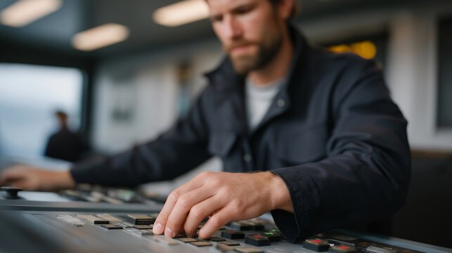 Close-up of veteran adjusting digital sensors on a wind turbine control panel — representing renewable technology, green engineering, smart infrastructure, and post-service careers in
