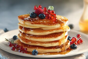 ​Golden Stack of Pancakes with Maple Syrup, Red Currants, and Blueberries