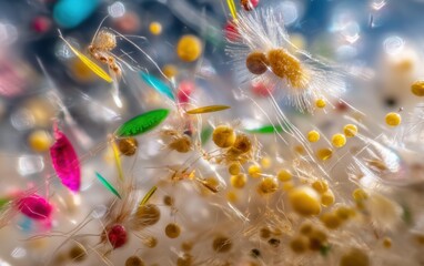 Macro Shot of Clear Adhesive Tape Lift Sample Revealing Microscopic Wonders  Details of Tiny Colorful Structures and Delicate Organic Materials
