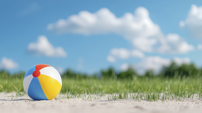 Vibrant beach ball rests on sandy ground under clear blue sky, surrounded by lush green grass, evoking sense of summer fun