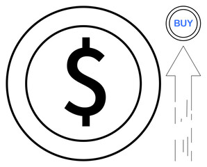 Dollar sign enclosed in circle, upward arrow, and Buy tag representing investment, e-commerce, growth, profit, online shopping, savings and financial planning. Ideal for modern business concepts